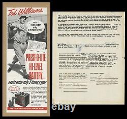 1951 Autograph Ted Williams Signed Prest-O-Lite Battery Contract Advertising JSA