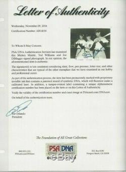 Joe DiMaggio, Mickey Mantle, Ted Williams Autographed 8x10 HOF Photo PSA Letter