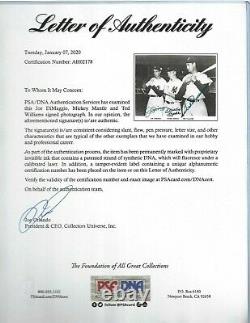 Joe DiMaggio, Mickey Mantle, Ted Williams Autographed 8x10 Photo PSA Letter Yankee