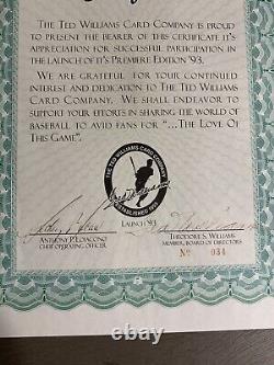 Ted Williams Autograph Signed Authorized Dealer Certificate No 34