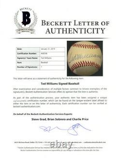 Ted Williams Autographed Signed AL Baseball Boston Red Sox Beckett BAS #A68596