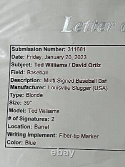 Ted Williams & David Ortiz Signed Louisville Slugger Baseball Bat (JSA)