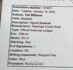 Ted Williams HOF 66 Signed Baseball JSA FULL LETTER