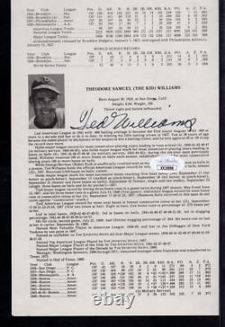 Ted Williams Signed Auto Stat Sheet from Vtg MLB Book JSA Letter of Authenticity