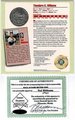 Ted Williams Signed Autographed 500 HR Club Baseball Photo Silver Coin COA