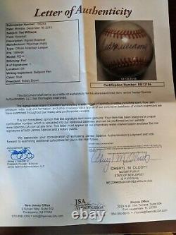 Ted Williams Signed Autographed American League Baseball Red Sox HOF JSA Letter