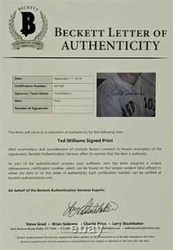 Ted Williams Signed Boston Red Sox 14 x 22 Matted Print Display (Beckett LOA)