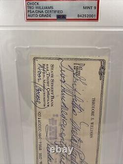 Ted Williams Signed Personal Check Dna Psa 9 Red Sox Hof Dec. 22, 1983