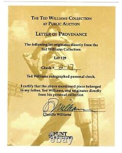Ted Williams Signed Personal Check Red Sox Hof Hunt/claudia Coa