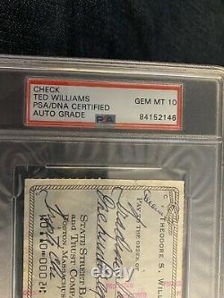 Ted Williams autographed check PSADNA certified Gen Mt 10