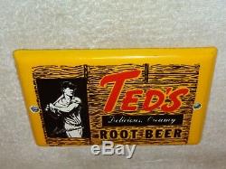 Vintage Ted's Root Beer Ted Williams 7 Porcelain Metal Soda Pop, Gas & Oil Sign